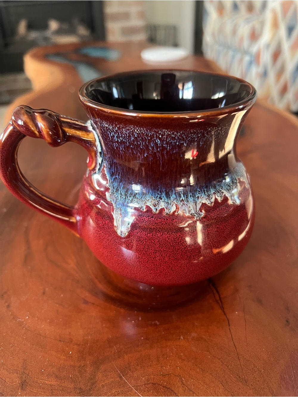 Glazed Red Ceramic Mug with Blue-Drip Accent and Twisted Handle - Picture 2 of 4